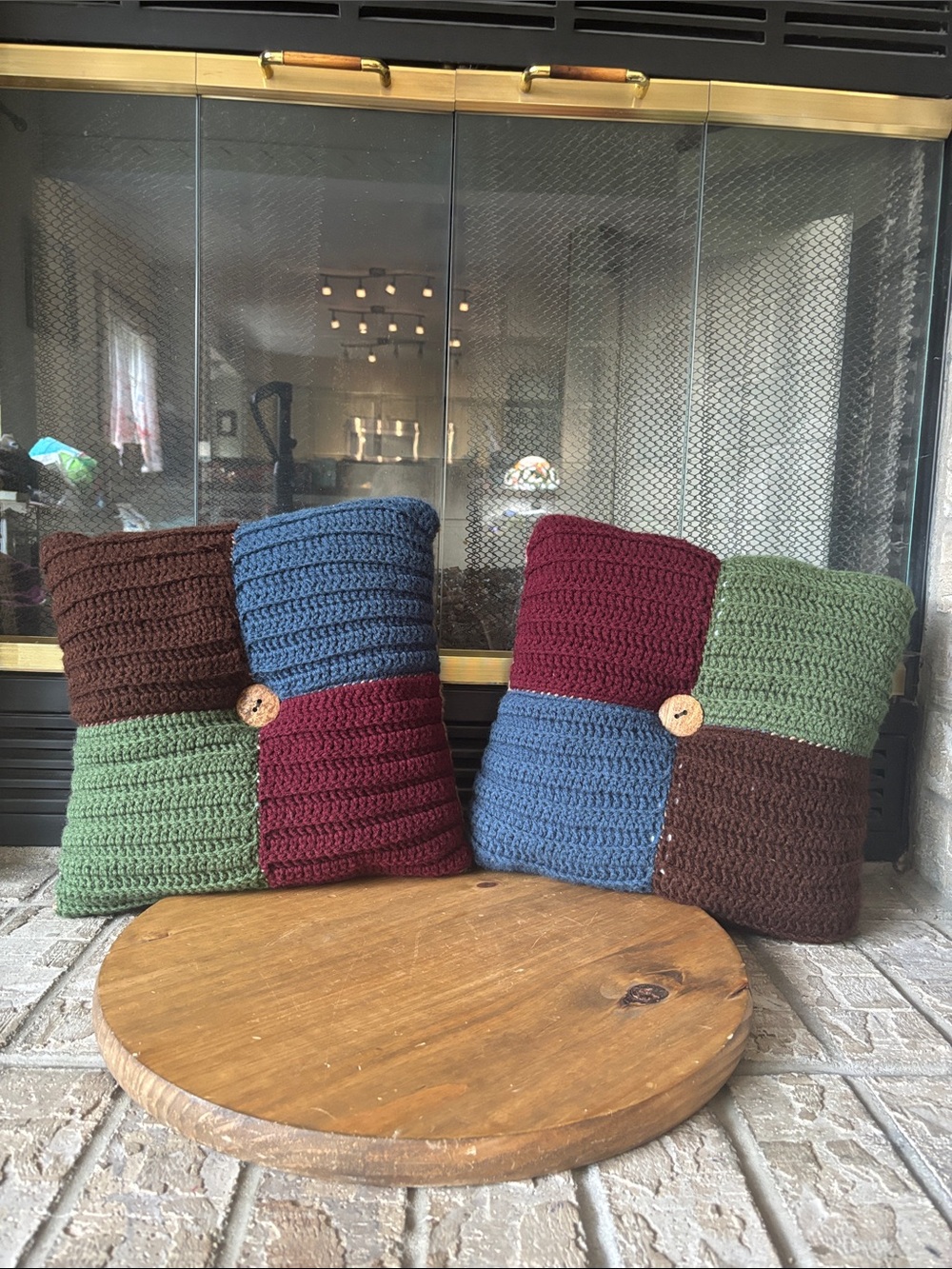 Handmade Fall Multicolor Reversible Crochet Throw Pillow Retro 70s Vibe 13" GIFT